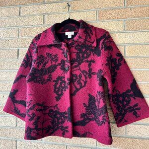 Vintage Merlot Wool Cape Style Jacket with Ornate Bird Design
